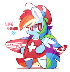 Size: 780x800 | Tagged: safe, artist:php56, rainbow dash, pegasus, pony, g4, bipedal, chibi, clothes, female, lifeguard, lifeguard dash, mare, shirt, simple background, solo, surfboard, white background, white eyes