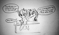 Size: 1237x740 | Tagged: safe, artist:wolfavenge, rarity, oc, g4, comic, monochrome, sewing machine, traditional art