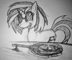 Size: 837x698 | Tagged: safe, artist:wolfavenge, dj pon-3, vinyl scratch, g4, monochrome, traditional art