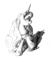 Size: 1280x1517 | Tagged: safe, artist:uminanimu, princess luna, queen chrysalis, alicorn, changeling, changeling queen, pony, lunadoodle, g4, disguise, disguised changeling, female, grayscale, monochrome, shadow, solo, traditional art
