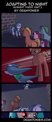 Size: 583x1371 | Tagged: safe, artist:drawponies, artist:terminuslucis, dj pon-3, vinyl scratch, oc, oc:midnight thirst, earth pony, pony, undead, unicorn, vampire, vampony, comic:adapting to night, comic:adapting to night: midnight thirst, g4, beating, comic, cornered, glowing, glowing eyes, hitting, red eyes, sad, scared, this will end in death, thug, vinyl the vampire, violence, woobie