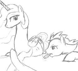 Size: 1169x1073 | Tagged: safe, artist:patch, doctor whooves, princess celestia, time turner, alicorn, earth pony, pony, g4, belly, celestiwhooves, crack shipping, crossover, doctor who, female, kicking, male, monochrome, preglestia, pregnant, shipping, sketch, sonic screwdriver, straight, the doctor