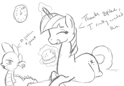 Size: 1154x797 | Tagged: safe, artist:patch, spike, twilight sparkle, g4, belly, female, husband and wife, lineart, male, mama twilight, monochrome, preglight sparkle, pregnancy cravings, pregnant, ship:twispike, shipping, sketch, straight, twilight burgkle