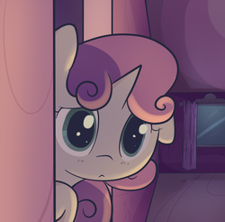 Size: 1280x1260 | Tagged: safe, artist:spikedmauler, sweetie belle, pony, unicorn, g4, :<, female, floppy ears, frown, peeking, solo