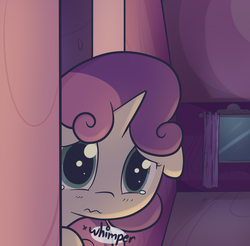 Size: 1280x1260 | Tagged: safe, artist:spikedmauler, sweetie belle, pony, unicorn, g4, crying, female, floppy ears, looking at you, peeking, sad, scared, solo, wavy mouth