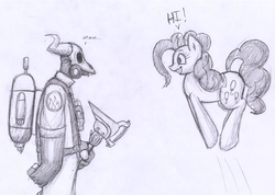 Size: 900x640 | Tagged: artist needed, safe, pinkie pie, g4, monochrome, pyro (tf2), team fortress 2, traditional art