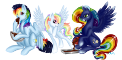 Size: 3478x1725 | Tagged: safe, artist:tasertail, oc, oc only, oc:cloud puff, oc:sunrise brisk, oc:white whirl, batter, bowl, brownie, chocolate, food, mixing bowl, offspring, parent:rainbow dash, parent:soarin', parents:soarindash, siblings