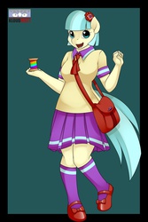 Size: 1280x1920 | Tagged: safe, artist:kloudmutt, artist:trulyarious, edit, coco pommel, earth pony, anthro, g4, rarity takes manehattan, cocobetes, cute, female, mary janes, ponyrumi, rainbow thread, solo