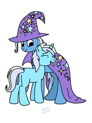 Size: 975x1300 | Tagged: safe, artist:lavenderrain24, bloo, trixie, pony, unicorn, g4, butt, cloak, clothes, female, filly, hat, mare, plot, simple background, trixie's cape, trixie's hat, white background