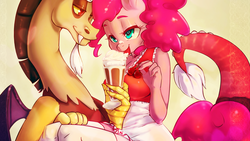 Size: 1920x1080 | Tagged: safe, artist:lizombie, discord, pinkie pie, draconequus, earth pony, anthro, p<3nies, g4, bedroom eyes, breasts, cherry, cleavage, clothes, duo, eye contact, female, food, foodplay, heart eyes, licking, lidded eyes, male, mare, milkshake, ship:discopie, shipping, skirt, straight, tongue out, wallpaper, whipped cream, wingding eyes, zettai ryouiki