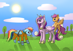 Size: 1364x950 | Tagged: safe, artist:masterkaszanka, princess cadance, rainbow dash, scootaloo, g4, angry, bound wings, clothes, cloud, cloudy, cuffs, flying, grass, prison outfit, prisoner, prisoner rd, sad, scootaloo can fly, sky, sun, tree