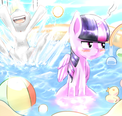 Size: 1000x950 | Tagged: safe, artist:coldbest, derpy hooves, twilight sparkle, alicorn, pony, g4, beach ball, female, mare, rubber duck, swimming pool, twilight sparkle (alicorn), wet mane