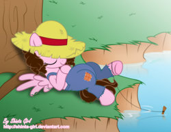 Size: 1024x791 | Tagged: safe, artist:shinta-girl, oc, oc only, oc:shinta pony, fishing, hat, sleeping, solo, straw hat, tree