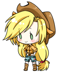 Size: 479x606 | Tagged: safe, artist:kumaikyu, applejack, human, g4, chibi, clothes, eared humanization, female, front knot midriff, humanized, midriff, shorts, simple background, solo, transparent background