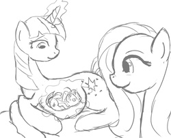 Size: 1323x1069 | Tagged: safe, artist:patch, fluttershy, twilight sparkle, oc, oc:glimmer, pony, g4, belly, fetus, lineart, mama twilight, monochrome, offspring, parent:twilight sparkle, pregnant, purple pony's peculiar pregnancy, sketch, trio