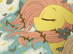 Size: 1024x768 | Tagged: safe, artist:うめぐる, fluttershy, pony, g4, cloud, eyes closed, female, flower, leaf, mare, sky, solo, windswept mane