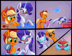 Size: 1400x1100 | Tagged: safe, artist:senx, applejack, rarity, g4, apple, comic, fabric, glasses, sewing machine