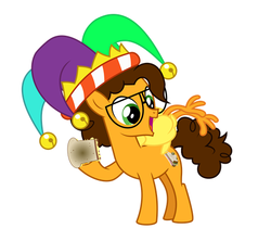 Size: 488x433 | Tagged: safe, boneless, cheese sandwich, earth pony, pony, g4, alternate cutie mark, colt cheese sandwich, cute, diacheeses, glasses, hat, jester hat, pun, rubber chicken, sandvich, team fortress 2, visual pun, younger