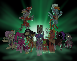 Size: 1117x881 | Tagged: safe, artist:metal-kitty, applejack, big macintosh, derpy hooves, fluttershy, owlowiscious, pinkie pie, rainbow dash, rarity, spike, twilight sparkle, earth pony, pony, zombie, g4, crossover, halloween, male, mane seven, mane six, stallion, team fortress 2