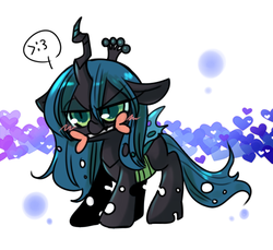 Size: 595x544 | Tagged: safe, artist:lessue, queen chrysalis, changeling, changeling queen, g4, chibi, cute, cutealis, female, mouth hold, pixiv, solo