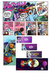 Size: 3000x4500 | Tagged: safe, artist:minkwinsor, cheese sandwich, derpy hooves, discord, dj pon-3, pinkie pie, rainbow dash, twilight sparkle, vinyl scratch, pegasus, pony, g4, balloon, bass cannon, comic, earth shattering kaboom, female, mare, muffin, partillery, party cannon
