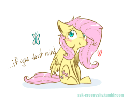 Size: 500x391 | Tagged: safe, artist:suplolnope, fluttershy, butterfly, pegasus, pony, :>, animated, blushing, cute, dialogue, female, heart, if that's okay with you, looking up, mare, shyabetes, sitting, smiling, solo