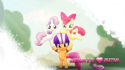 Size: 1920x1080 | Tagged: safe, artist:2bitmarksman, artist:gamemasterluna, artist:kibbiethegreat, apple bloom, scootaloo, sweetie belle, g4, bipedal, cover art, cutie mark crusaders, helmet, logo, looking at you, pyramid, vector, wallpaper