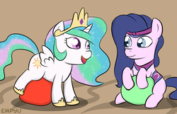 Size: 1000x642 | Tagged: safe, artist:empyu, amira, princess celestia, saddle arabian, g4, amirabetes, ball, cewestia, cute, cutelestia, duo, exercise ball, eye contact, filly, happy, open mouth, smiling, younger