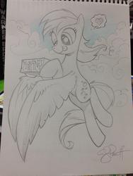 Size: 852x1136 | Tagged: safe, artist:andy price, derpy hooves, pegasus, pony, g4, :p, box, female, flying, heart, mare, monochrome, muffin, solo, spread wings, that pony sure does love muffins, thought bubble, tongue out, traditional art