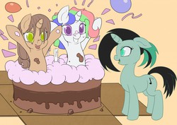 Size: 1280x905 | Tagged: safe, artist:pixelstarpony, oc, oc:mercurial keys, oc:pixelstar, oc:xodiaq, pony, unicorn, birthday, birthday cake, cake, popping out of a cake