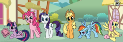 Size: 5000x1718 | Tagged: safe, artist:redapropos, applejack, derpy hooves, fluttershy, pinkie pie, rainbow dash, rarity, twilight sparkle, alicorn, pony, g4, female, mane six, mare, twilight sparkle (alicorn)