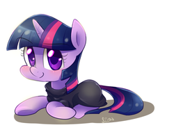 Size: 1000x800 | Tagged: safe, artist:sion-ara, twilight sparkle, g4, black clothes, clothes, female, looking at you, lying, prone, simple background, smiling, solo