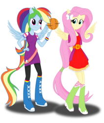 Size: 2692x3168 | Tagged: safe, artist:deannaphantom13, fluttershy, rainbow dash, equestria girls, g4, basketball, duo, duo female, female, high res, ponied up, simple background, transparent background