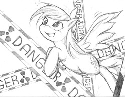 Size: 2180x1700 | Tagged: safe, artist:zaiyaki, derpy hooves, pegasus, pony, g4, danger, female, flying, mare, monochrome, open mouth, sketch, smiling, solo, spread wings, traditional art