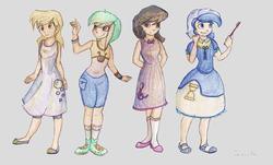 Size: 1694x1026 | Tagged: safe, artist:freesavanna, derpy hooves, lyra heartstrings, minuette, octavia melody, human, g4, humanized, toothbrush