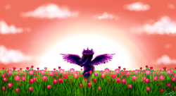 Size: 1500x818 | Tagged: safe, artist:miushich, twilight sparkle, alicorn, pony, g4, backlighting, female, floral head wreath, flower, mare, solo, twilight (astronomy), twilight sparkle (alicorn)