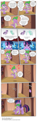 Size: 3479x11261 | Tagged: safe, artist:perfectblue97, lyra heartstrings, spike, twilight sparkle, dragon, earth pony, pony, unicorn, comic:without magic, g4, bed, blank flank, book, bookshelf, comic, earth pony twilight, golden oaks library, pillow, pointy ponies, race swap