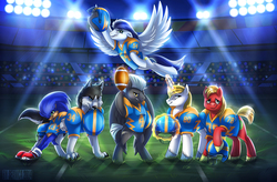 Size: 1826x1200 | Tagged: safe, artist:seanica, big macintosh, prince blueblood, soarin', thunderlane, oc, oc:fox trot, earth pony, pony, wolf, g4, american football, crossover, fanfic art, male, sonic the hedgehog, sonic the hedgehog (series), stallion, the simple life