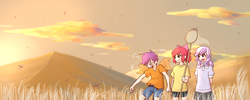 Size: 1500x600 | Tagged: safe, artist:shunji, apple bloom, scootaloo, sweetie belle, human, g4, clothes, cute, cutie mark crusaders, humanized, pixiv, skirt, winged humanization