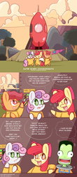 Size: 1950x4428 | Tagged: safe, artist:dsp2003, apple bloom, scootaloo, sweetie belle, earth pony, pegasus, pony, unicorn, g4, astronaut, bipedal, chibi, comic, crossover, cute, cutie mark crusaders, female, filly, flag, i have no idea what i'm doing, jebediah kerman, kerbal, kerbal space program, rocket, spacesuit, style emulation, this will end in space, this will end in tears, this will end in tears and/or death and/or covered in tree sap, tree sap and pine needles