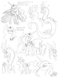 Size: 1024x1358 | Tagged: dead source, safe, artist:joellethenose, discord, gummy, princess luna, alicorn, alligator, draconequus, pony, g4, annoyed, evil grin, female, floppy ears, frown, grin, jewelry, mare, monochrome, regalia, signature, sketch, sketch dump, smiling, standing, surprised