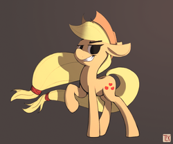Size: 1300x1080 | Tagged: safe, artist:teknibaal, applejack, earth pony, pony, g4, female, floppy ears, hat, mare, raised hoof, simple background, smiling, smirk, solo, standing, three quarter view, windswept mane