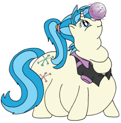 Size: 2185x2228 | Tagged: safe, artist:fatponysketches, allie way, pony, unicorn, g4, background pony, balancing, bowling ball, clothes, fat, high res, morbidly obese, obese, ponies balancing stuff on their nose, shirt, solo, spinning