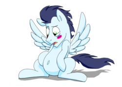 Size: 1024x731 | Tagged: safe, artist:clearwatermk2, soarin', pegasus, pony, g4, belly, belly button, blushing, male, simple background, solo, spread wings, stallion, transparent background, wings