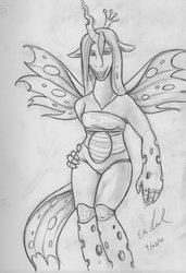 Size: 878x1280 | Tagged: safe, artist:kazen101, queen chrysalis, changeling, changeling queen, anthro, g4, female, monochrome, solo, traditional art