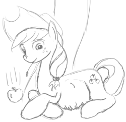 Size: 1485x1439 | Tagged: safe, artist:patch, applejack, g4, apple, belly, female, kicking, monochrome, preggo jack, pregnant, prone, sketch, solo