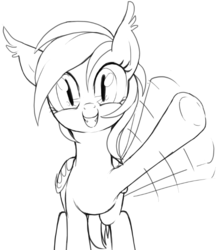Size: 659x759 | Tagged: safe, artist:stoic5, oc, oc only, oc:pom pom, bat pony, pony, cute, grin, looking at you, monochrome, smiling, solo, squee, underhoof, waving