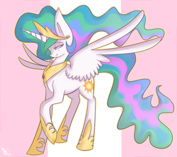 Size: 900x800 | Tagged: dead source, safe, artist:sheeppiss, princess celestia, g4, female, raised hoof, smiling, solo, spread wings