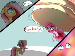 Size: 1280x960 | Tagged: safe, artist:madacon, fluttershy, pinkie pie, earth pony, pegasus, pony, g4, cake, comic, duo, female, hat, mare