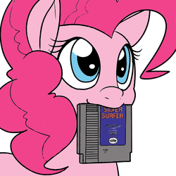 Size: 600x600 | Tagged: safe, artist:itsthinking, artist:reiduran, edit, pinkie pie, g4, colored, female, mouth hold, nintendo entertainment system, silver surfer, smiling, solo, this will end in tears